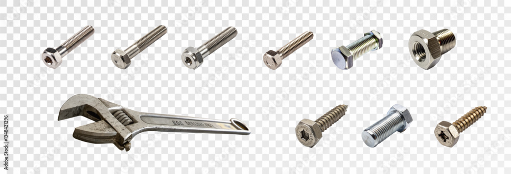 Fototapeta premium Metal bolts and nuts, nails and screws, wrenches isolated on transparent background, vector png. Realistic 3D image.