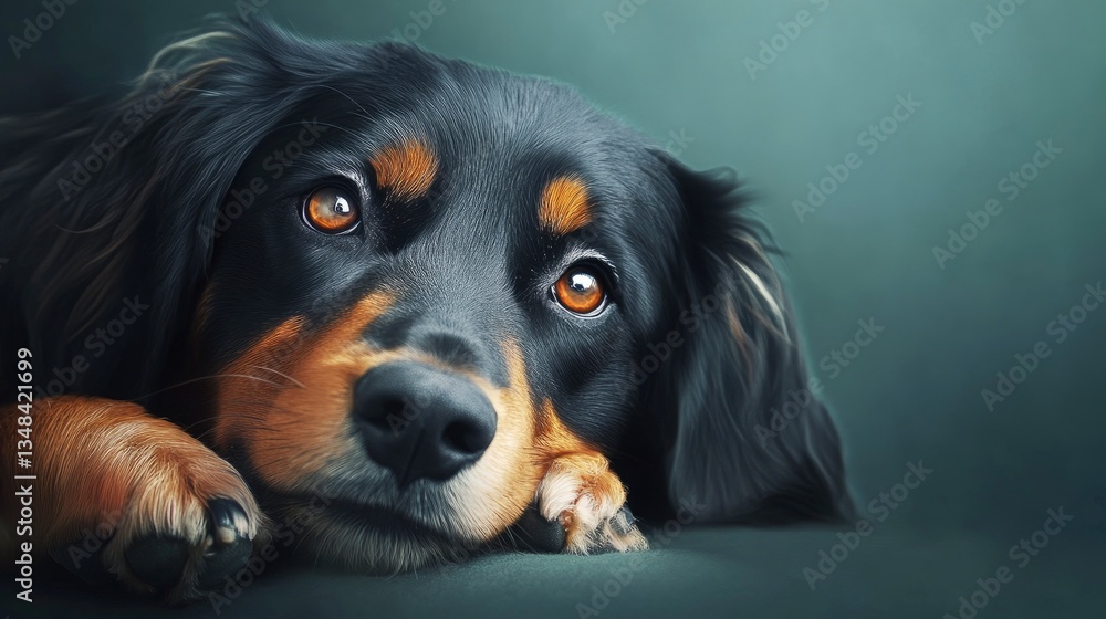 Cute Dog Resting Head on Paw with Brown Eyes and Black Fur Cute Dog Resting Head on Paw with Brown Eyes and Black Fur