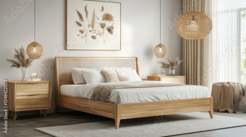 Bright bedroom with wooden furniture and decorative elements