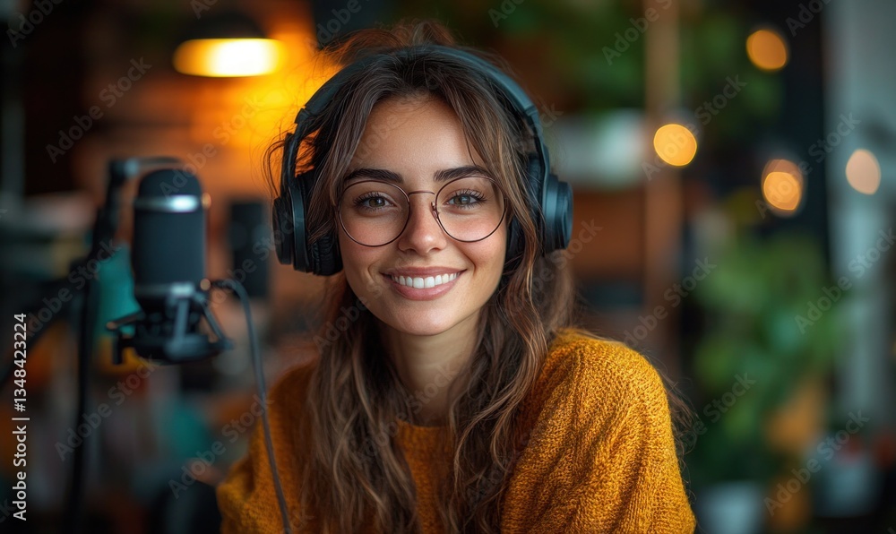 Latina Podcast Host Recording Live Show in Modern Studio with Digital Equipment and Vibrant Decor Latina Podcast Host Recording Live Show in Modern Studio with Digital Equipment and Vibrant Decor