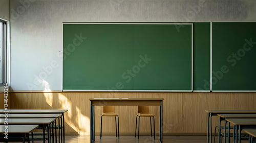 Empty Classroom With Green Board And Wooden Furniture