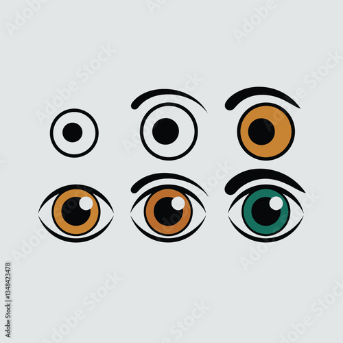 Six stylized eyes showcase different designs, with varied colors and eyelid styles against a light background, illustrating diversity and art.
