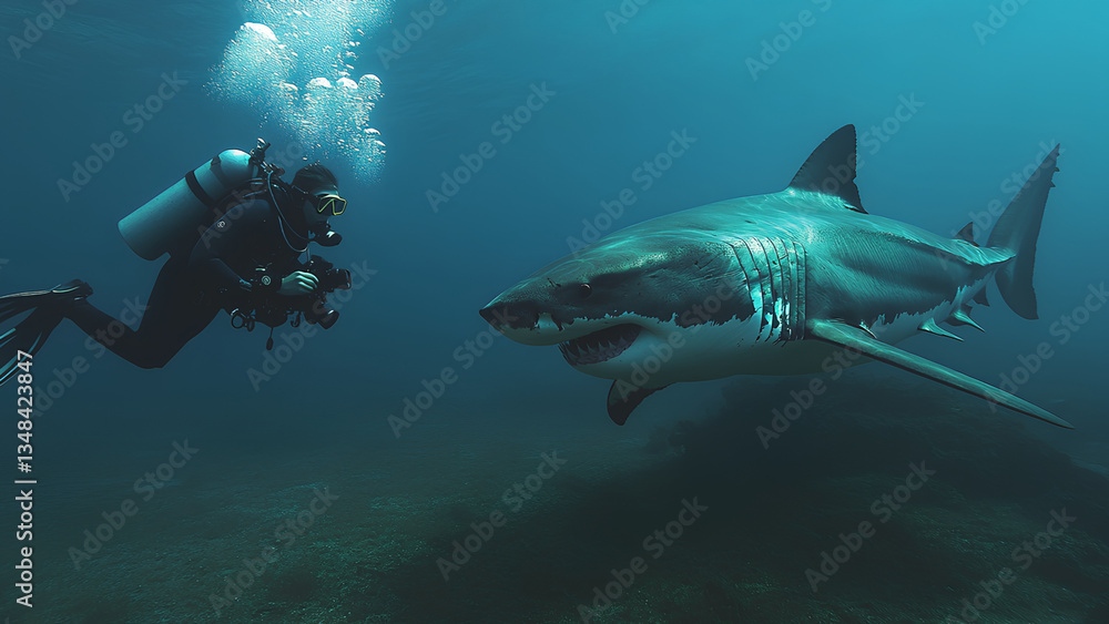 Fototapeta premium Scuba Diver Encounters Great White Shark