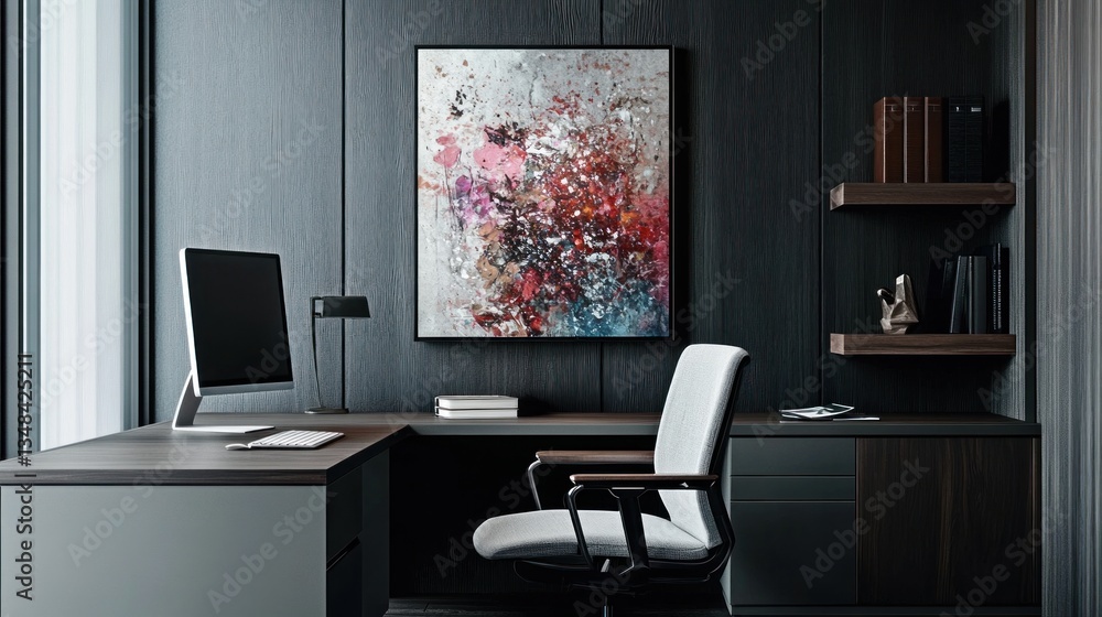 Modern office workspace with abstract art, urban view Modern office workspace with abstract art, urban view