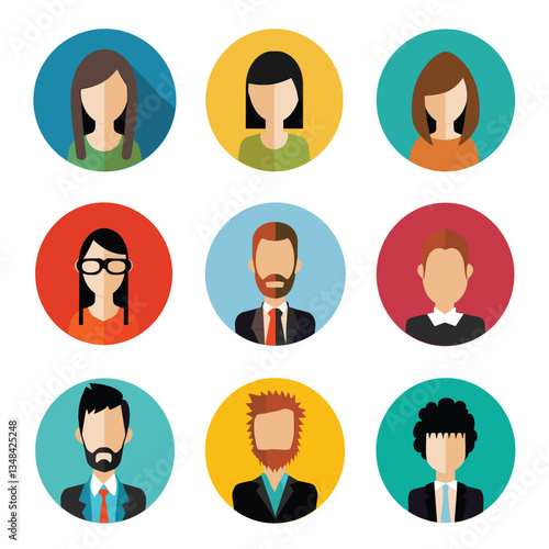 Collection of diverse cartoon avatar portraits of people with various hairstyles, clothing, and facial hair, set against colorful circular backgrounds. Simple and modern style.