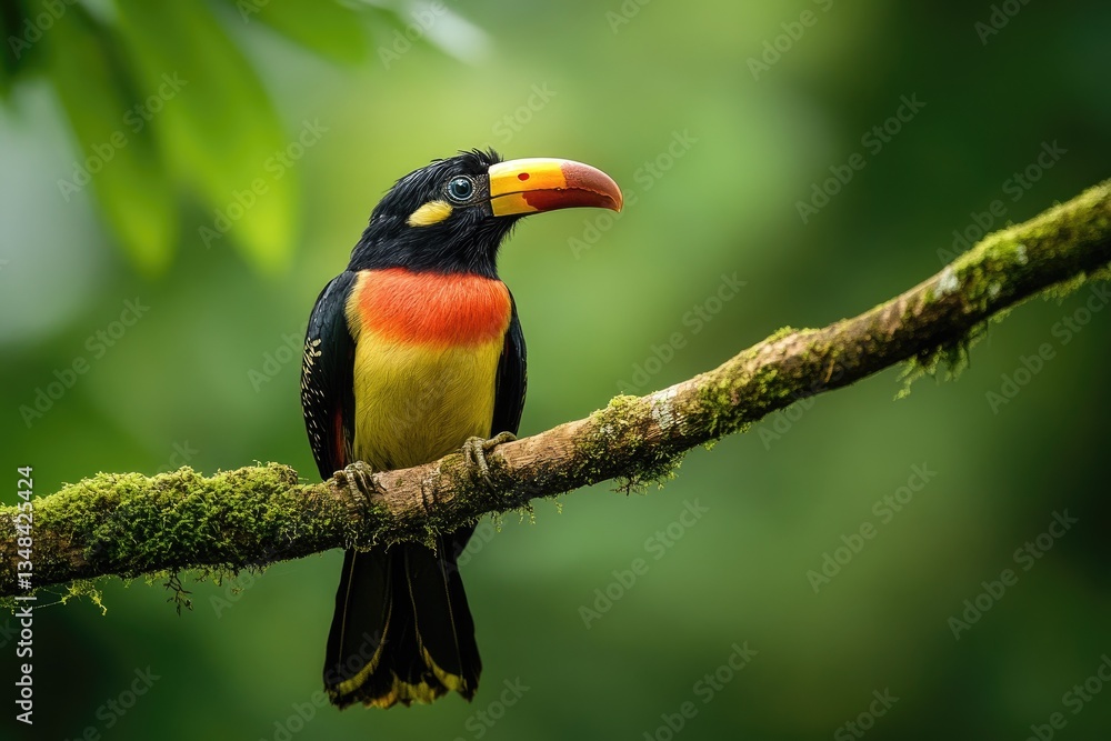A toucan perched on a branch in a lush forest A toucan perched on a branch in a lush forest