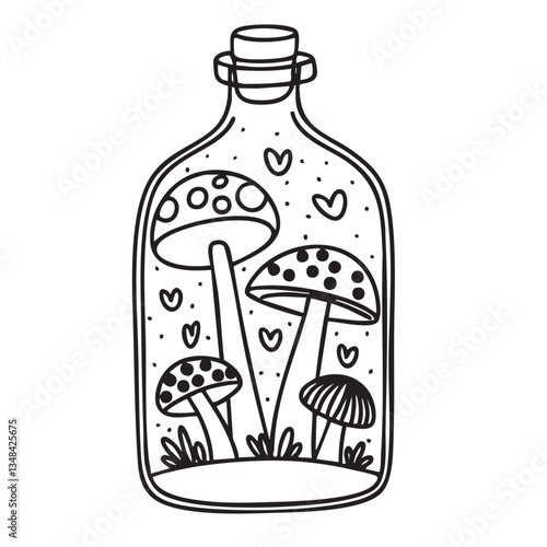 Abstract mushrooms in bottle in doodle style. Hand drawn vector art. 