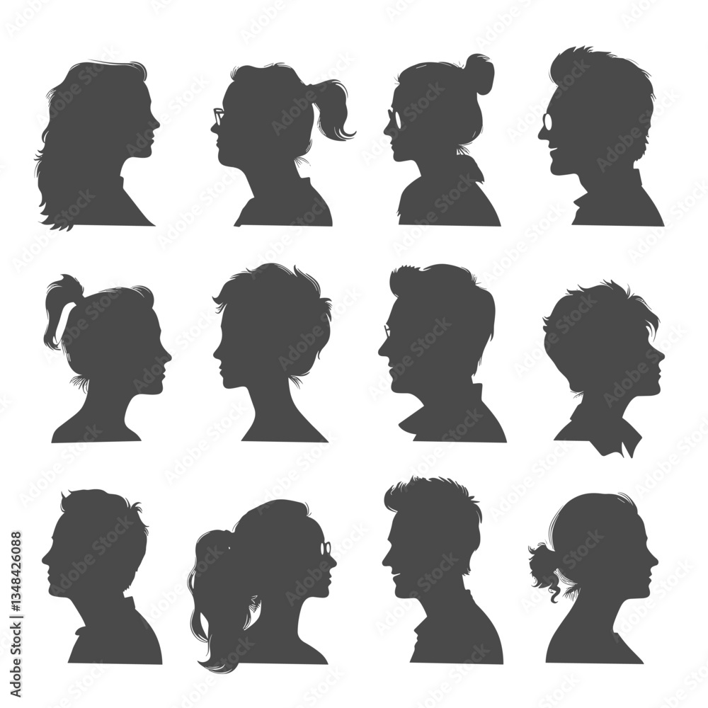 Silhouettes of diverse people in profile, showcasing varying hairstyles and features against a plain background. Minimalist portraiture for diverse representation. Silhouettes of diverse people in profile, showcasing varying hairstyles and features against a plain background. Minimalist portraiture for diverse representation.