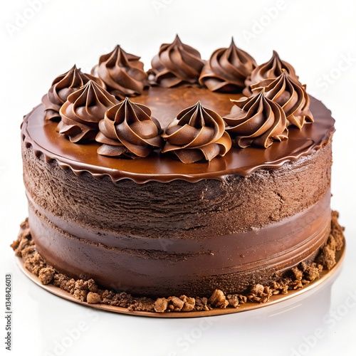 A delicious chocolate cake with rich frosting and decorative toppings on a white background