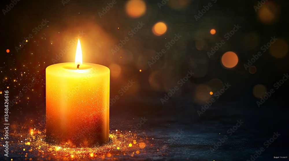 Lit Candle with Golden Glitter Sparkling in a Dark Romantic Setting Lit Candle with Golden Glitter Sparkling in a Dark Romantic Setting