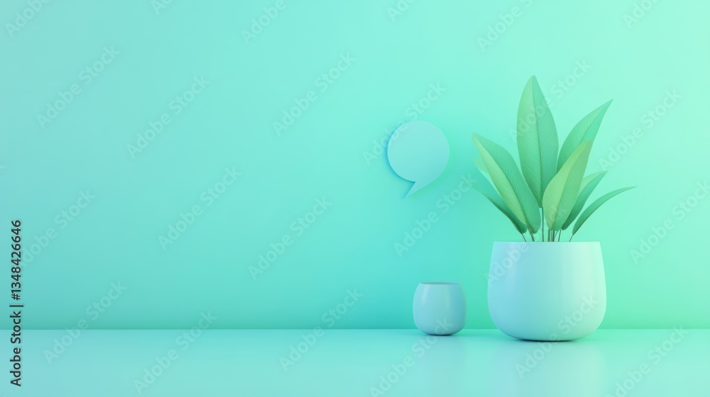 Serene Minimalist Plant Pot and Speech Bubble on Aqua Background Serene Minimalist Plant Pot and Speech Bubble on Aqua Background