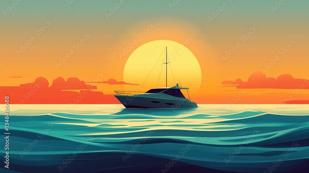Naklejka premium Serene Sunset Yacht Scene Ocean View Summer Vacation Luxury Boat