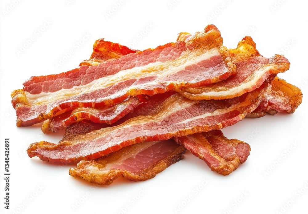 Crispy Cooked Bacon Stacked on a White Background Ready for Use in Delicious Breakfast or Culinary Presentations Crispy Cooked Bacon Stacked on a White Background Ready for Use in Delicious Breakfast or Culinary Presentations
