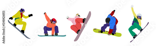 Set of Snowboarders jumping. Young man, woman wearing winter sport clothes riding snow board. Extreme winter sport. Outdoor holiday activity. Vector illustration isolated ontransparent background.