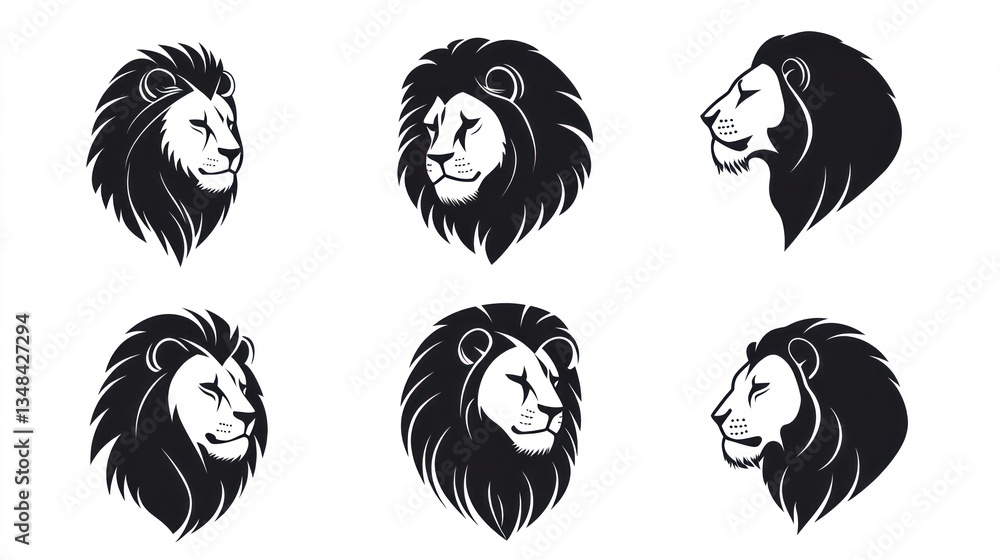 Six Majestic Lion Head Illustrations: A Collection of Black and White Lion Portraits Six Majestic Lion Head Illustrations: A Collection of Black and White Lion Portraits