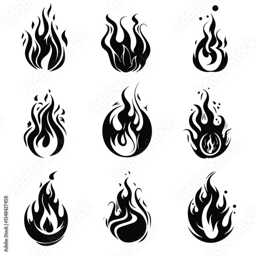 A collection of stylized black and white flame icons in various shapes and forms, creating a visually striking graphic element. Decorative fire illustrations.