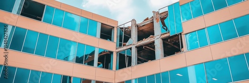 Damaged multi-story building with shattered windows