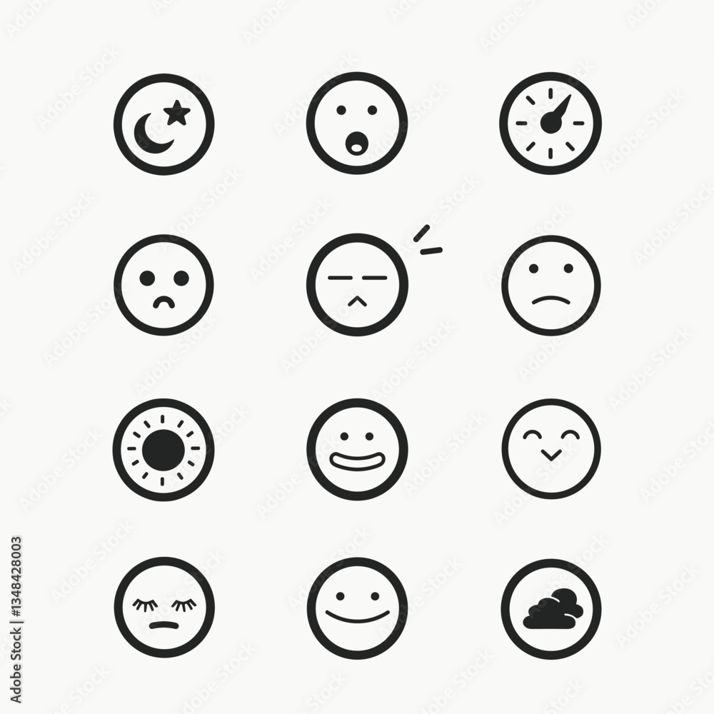 Collection of minimalistic emoji icons. Icons feature various expressions and symbols, including a moon, star, sun, clock, and clouds for day/night representations.