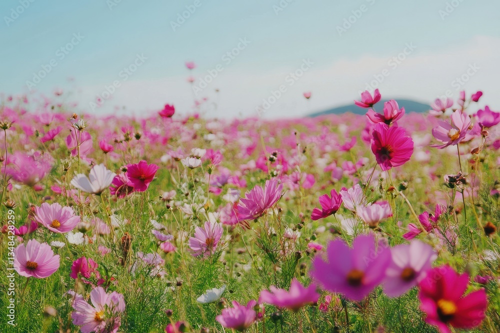 Vibrant pink and white cosmos flowers dance gently in the breeze under a clear blue sky Vibrant pink and white cosmos flowers dance gently in the breeze under a clear blue sky