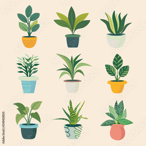 A variety of colorful potted plants in various shapes and sizes, bringing nature indoors with their lush greenery. Home decor featuring potted plant illustrations.