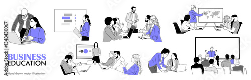Staff education, presentation, learning, improving professional skill business concept illustration. Modern vector simple outline style for graphic and web design. Isolated on transparent background.