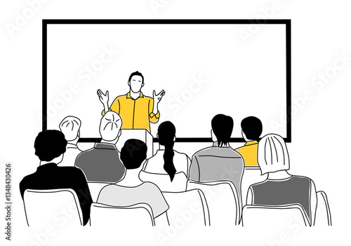 Business man speaker making presentation before big audience in large conference room. Seminar, forum. Business education concept. Outline vector for graphic, web design Isolated