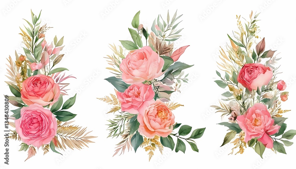 Obraz premium Floral Bouquet Arrangements with Watercolor Roses and Green Leaf Accents
