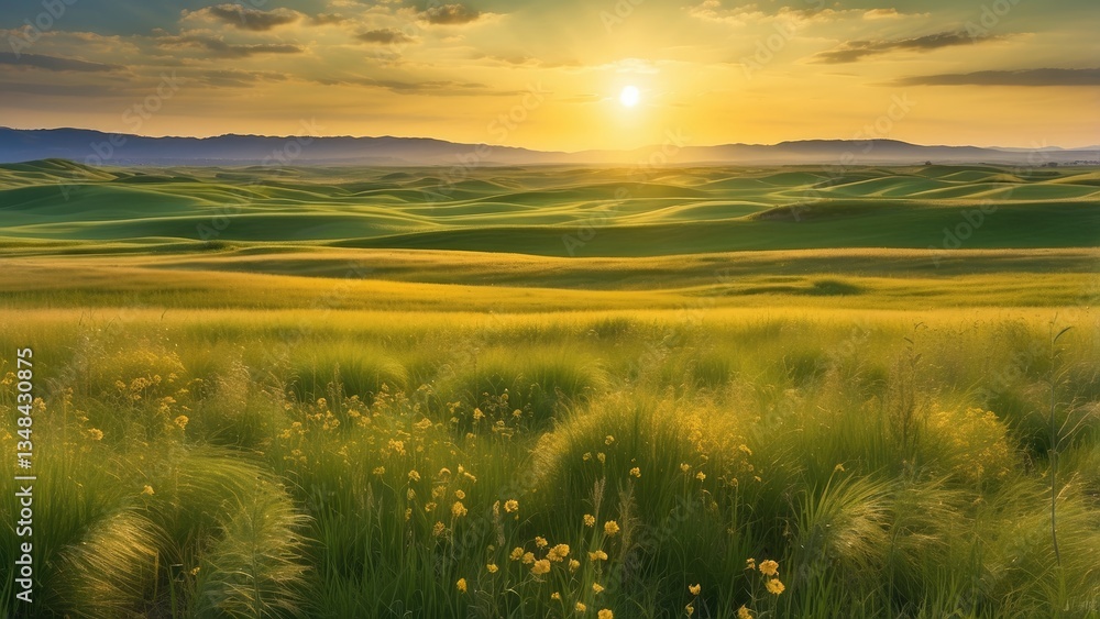 Obraz premium A vast field of tall grass at sunset.