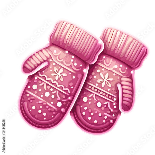 Pink glossy mittens with winter patterns, symbolizing warmth and cozy fashion
