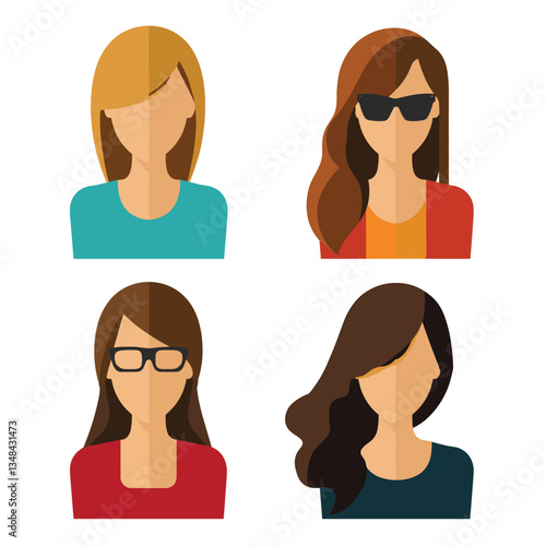 Illustrations showing the upper bodies of four women with different hairstyles, outfits, and accessories, presented in a simple, flat, and modern style.