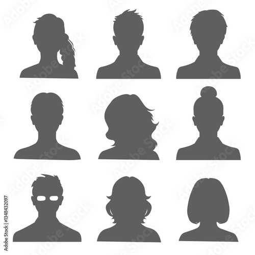 Silhouette Headshots: A diverse group of people depicted in shadow, showing a variety of hairstyles and potential professions. Anonymous and inclusive representation.