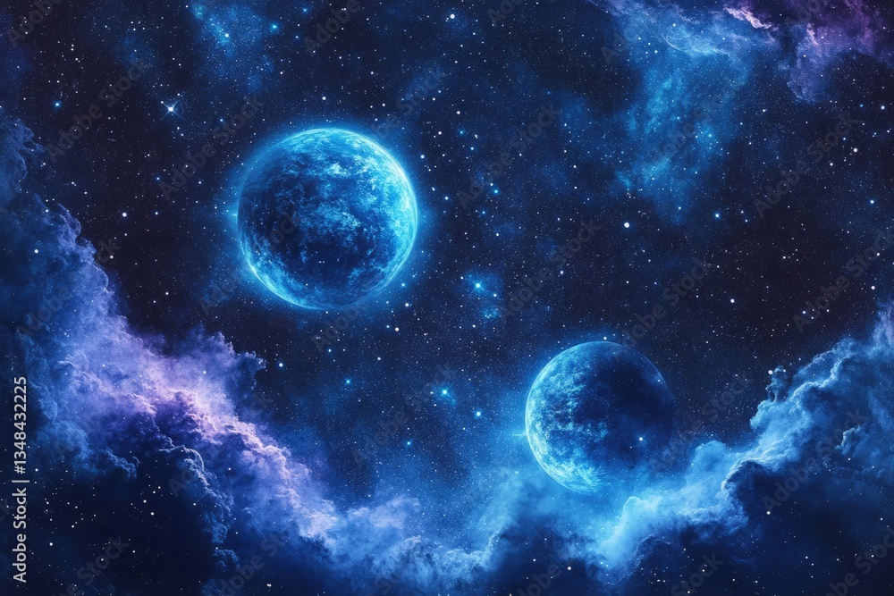 Fototapeta premium Stunning Cosmic Scene with Bright Blue Planets and Starry Background