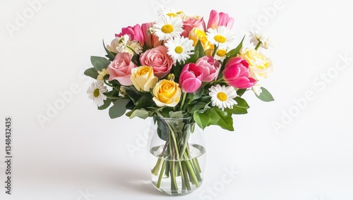 Wallpaper Mural Vibrant spring bouquet of roses, tulips, and daisies in a clear glass vase. Torontodigital.ca