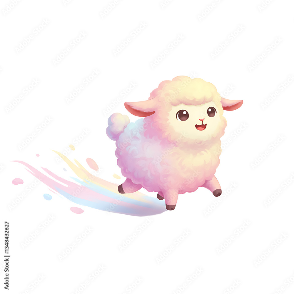 Obraz premium Cute pink sheep illustration kawaii style fluffy animal rainbow trail design