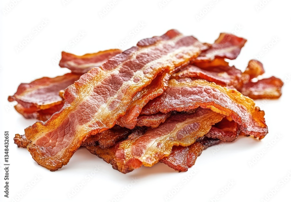 Crispy, Delicious, and Flavorful Bacon Strips Stacked Generously on a White Background Perfect for Food Photography and Culinary Projects Crispy, Delicious, and Flavorful Bacon Strips Stacked Generously on a White Background Perfect for Food Photography and Culinary Projects