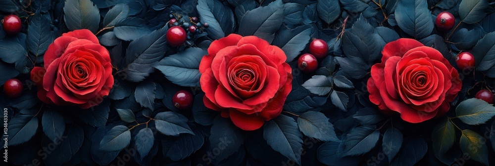 Deep Red Roses with Dark Blue Leaves and Berries in Dramatic Floral Composition Deep Red Roses with Dark Blue Leaves and Berries in Dramatic Floral Composition