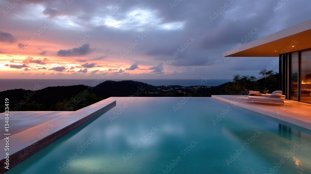 Fototapeta premium Stunning infinity pool overlooking a tropical sunset