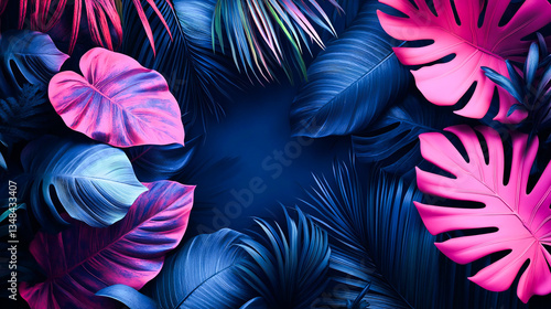 Fototapeta Naklejka Na Ścianę i Meble -  Abstract creative neon blue and pink background with tropical leaves