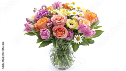 Vibrant spring bouquet of tulips, roses, and daisies in a clear glass vase.