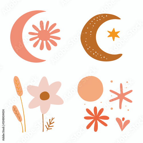Whimsical celestial and floral design featuring moons, stars, sun, and flowers in a playful, bohemian style. Earthy colors on a white background.
