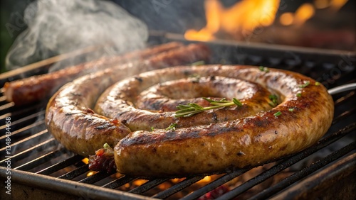 Grilled boerewors sizzling on a braai in a backyard gathering filled with smoke and warmth