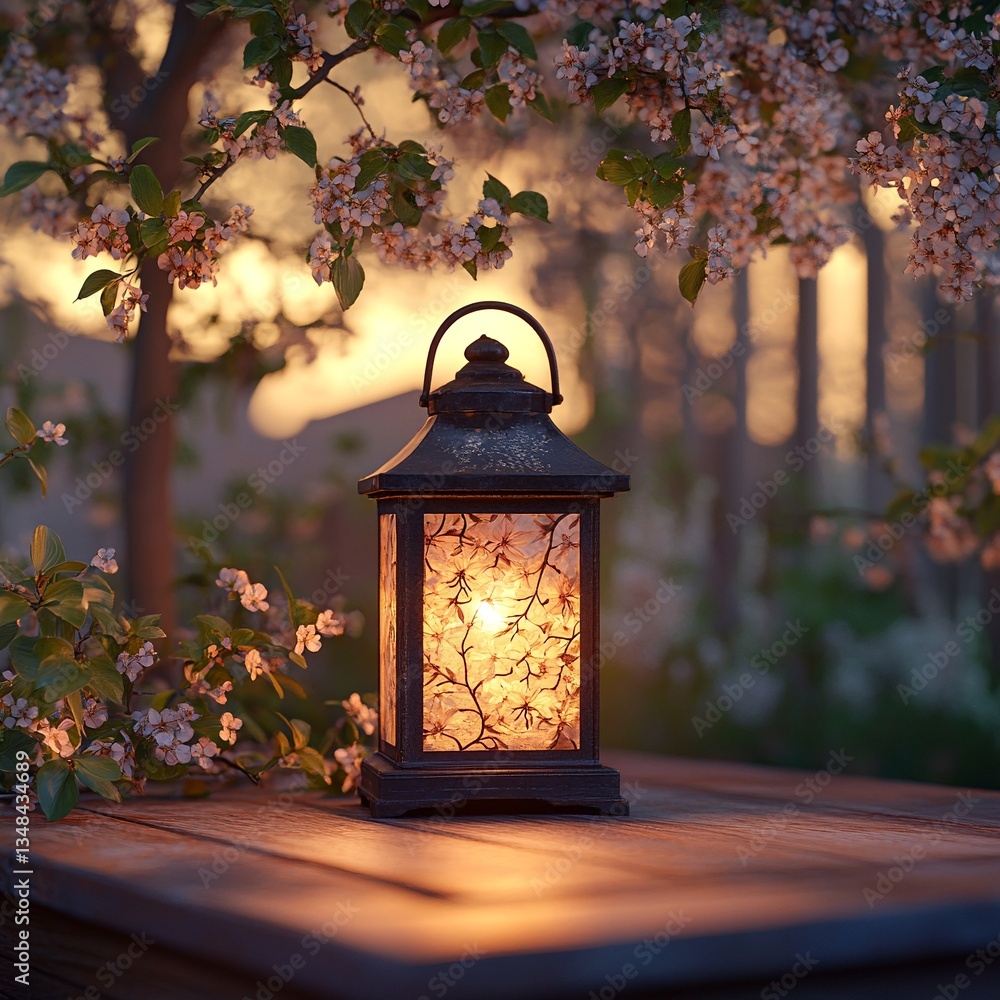 A lit lantern sits on a wooden table, surrounded by blooming branches at sunset. The warm light creates a peaceful atmosphere. A lit lantern sits on a wooden table, surrounded by blooming branches at sunset. The warm light creates a peaceful atmosphere.