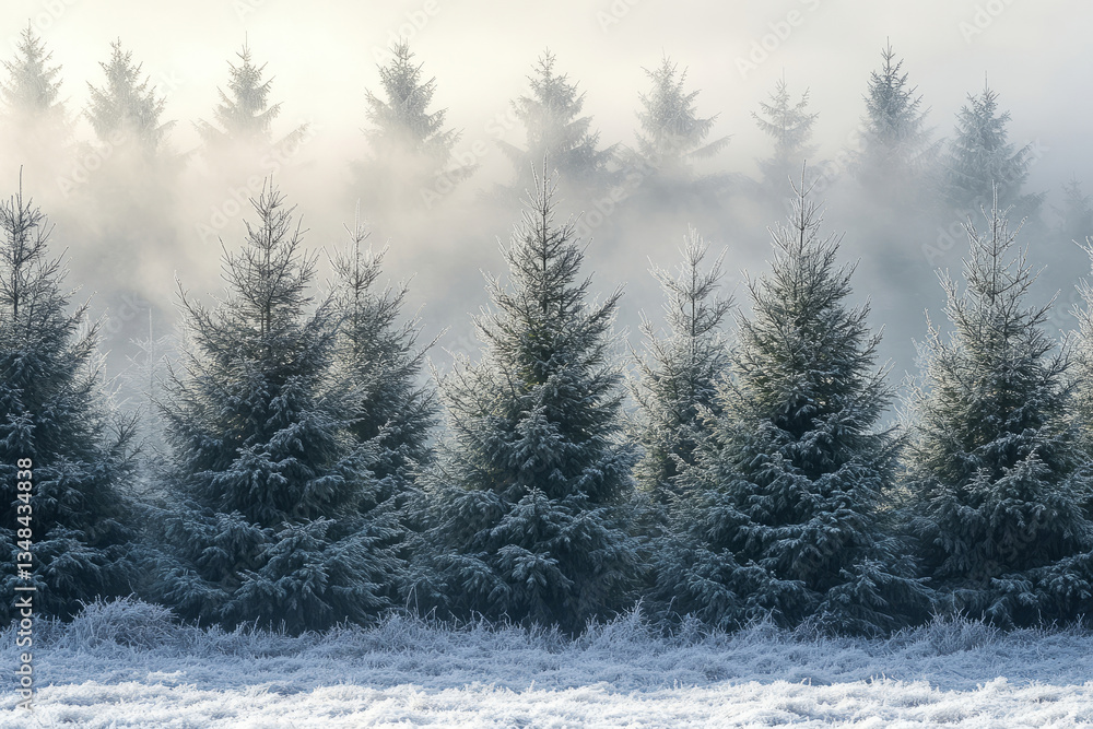 Naklejka premium Frosty evergreen trees in a misty winter landscape with soft golden light at dawn
