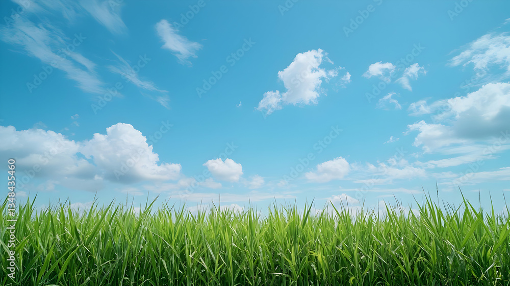 Vibrant Green Grass Field Under Blue Sky With Fluffy White Clouds Daytime Scenery Vibrant Green Grass Field Under Blue Sky With Fluffy White Clouds Daytime Scenery