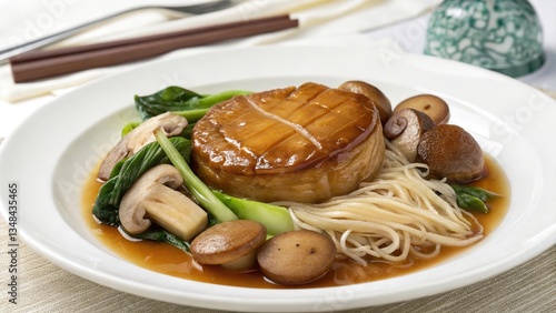 Delicious braised abalone served with Chinese mushrooms and fresh vegetables in an elegant dining setting
