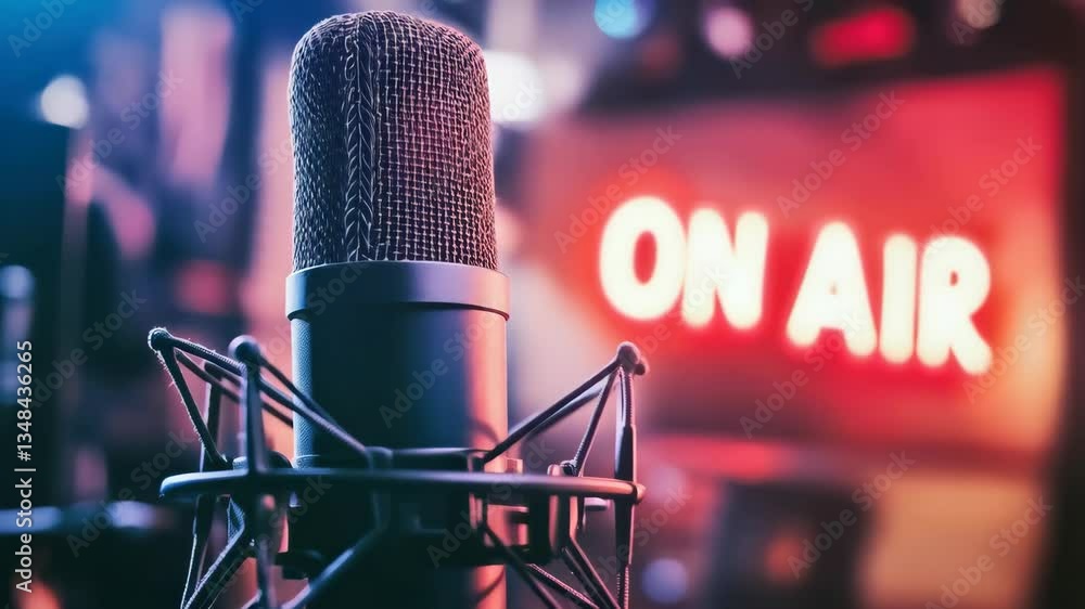 A radio studio setup with a microphone, a mixing console and a lit sign 