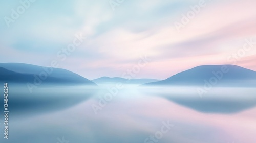 Fototapeta Naklejka Na Ścianę i Meble -  Wide dreamy landscape, surreal scenery, flowing shapes, misty pastel hues, meditation, abstract organic forms, soft ethereal glow, meditative atmosphere, water, fantasy, peaceful dreamscape, mountain.