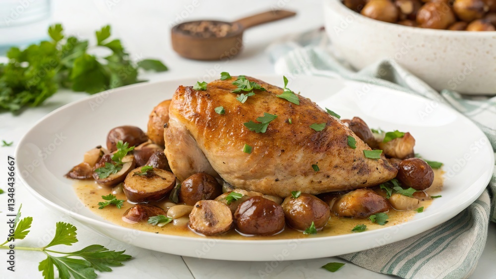Braised chicken with chestnuts served alongside fresh herbs and garnished Braised chicken with chestnuts served alongside fresh herbs and garnished