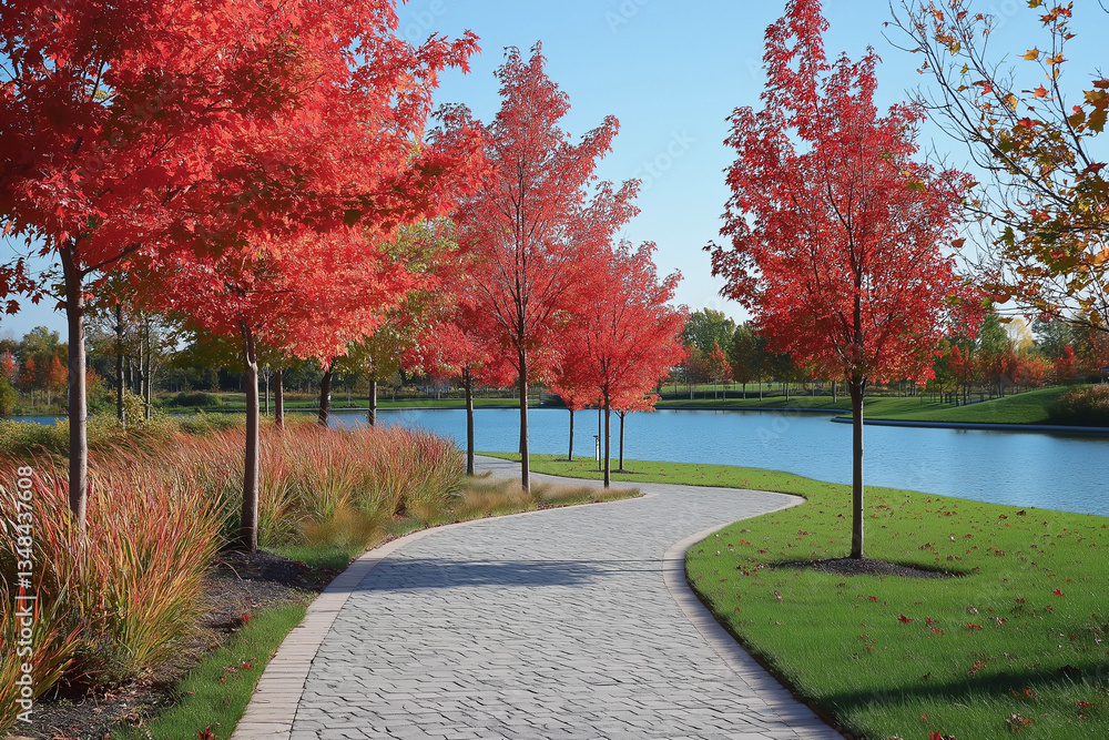 Naklejka premium Beautiful park with green grass, lake, and red maple trees featuring a scenic walking path under a blue sky