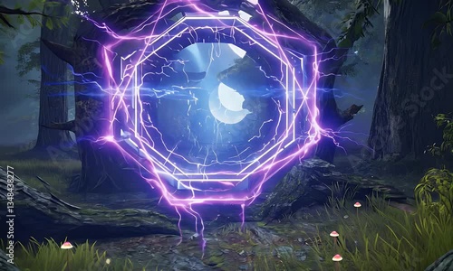 Mesmerizing 4k video capturing a supernatural gateway appearing from swirling energy, casting eerie luminous waves across the dark forest